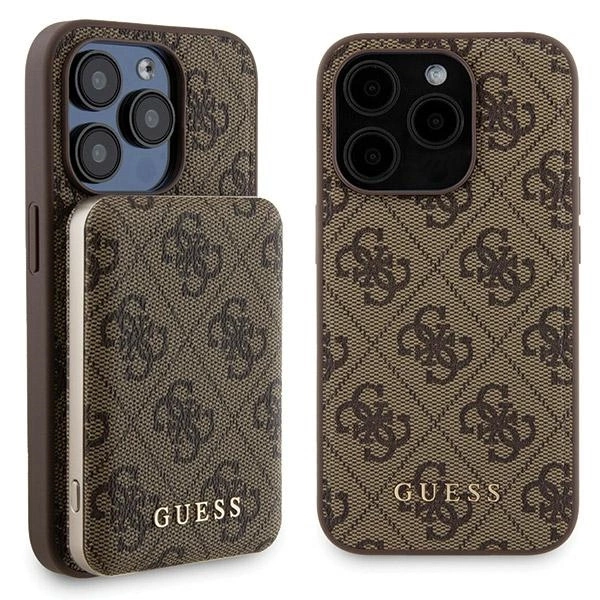 Guess dėklas ir 5000mAh MagSafe išorinė baterija iPhone 15 Pro Max, rudas