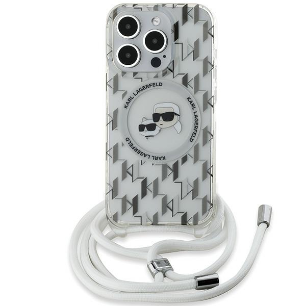 Karl Lagerfeld dėklas iPhone 15 Pro su virvele Monogram Karl & Choupette, skaidrus