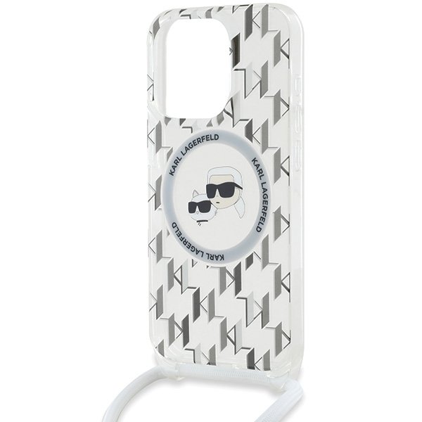 Karl Lagerfeld dėklas iPhone 15 Pro su virvele Monogram Karl & Choupette, skaidrus
