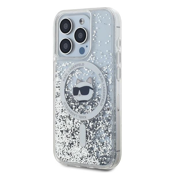 Karl Lagerfeld dėklas iPhone 15 Pro telefonui Liquid Glitter Choupette MagSafe