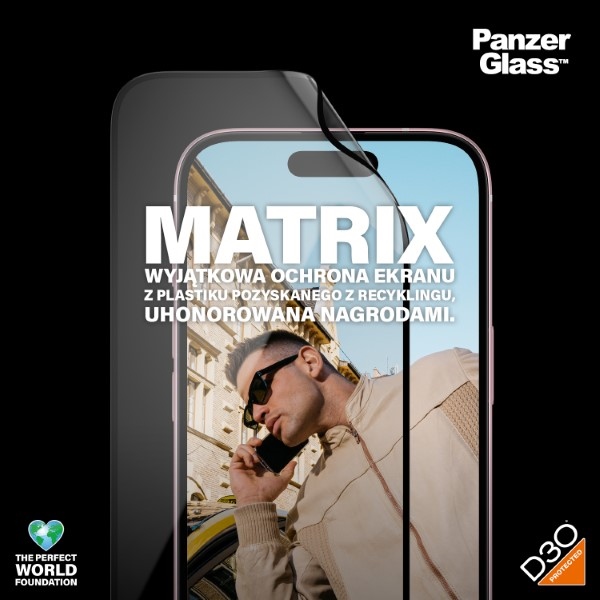 PanzerGlass Matrix Ultra-Wide-Fit hybrid glass for iPhone 15 with positioner
