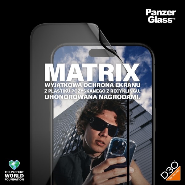 PanzerGlass Matrix Ultra-Wide-Fit hibridinis stiklas iPhone 15 Pro Max su aplikatoriumi
