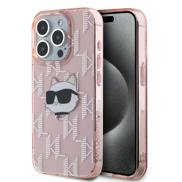 Karl Lagerfeld IML Choupette Head & Monogram dėklas, skirtas iPhone 15 Pro, rožinis