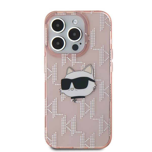Karl Lagerfeld IML Choupette Head & Monogram dėklas, skirtas iPhone 15 Pro, rožinis