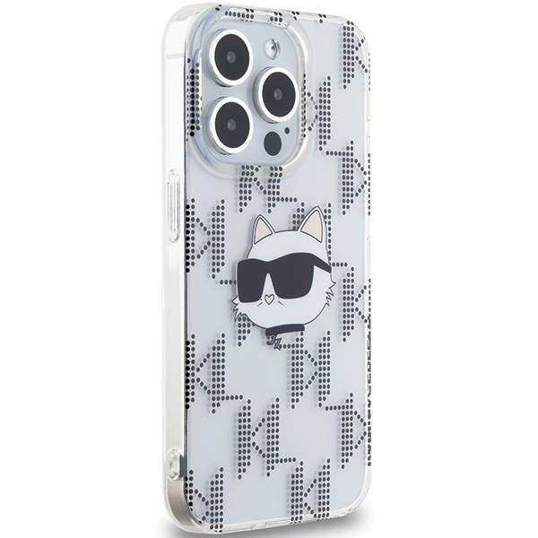 Karl Lagerfeld dėklas iPhone 15 Pro telefonui, IML Choupette Head & Monogram, skaidrus