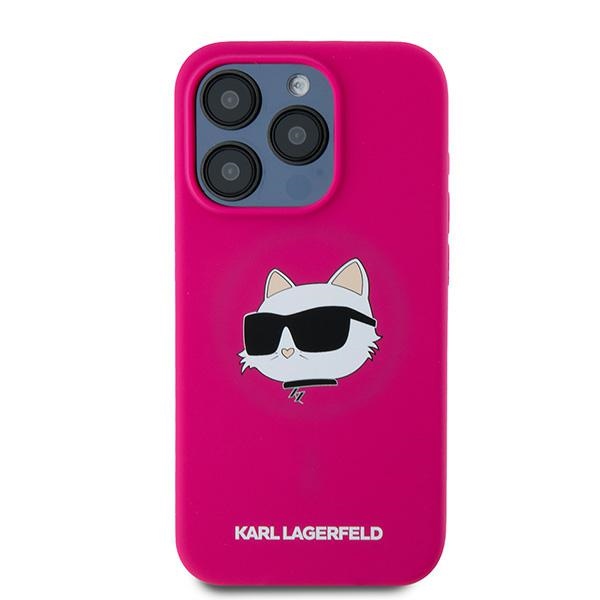 Karl Lagerfeld dėklas iPhone 15 Pro telefonui Silicone Choupette Head MagSafe, rožinis