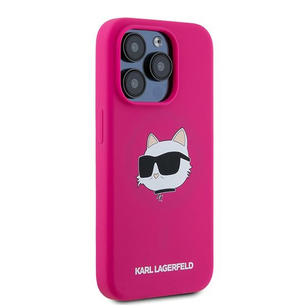 Karl Lagerfeld dėklas iPhone 15 Pro telefonui Silicone Choupette Head MagSafe, rožinis