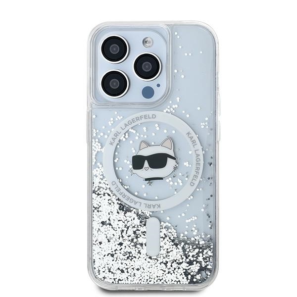Karl Lagerfeld dėklas iPhone 15 Pro Max su MagSafe, Liquid Glitter Choupette, skaidrus