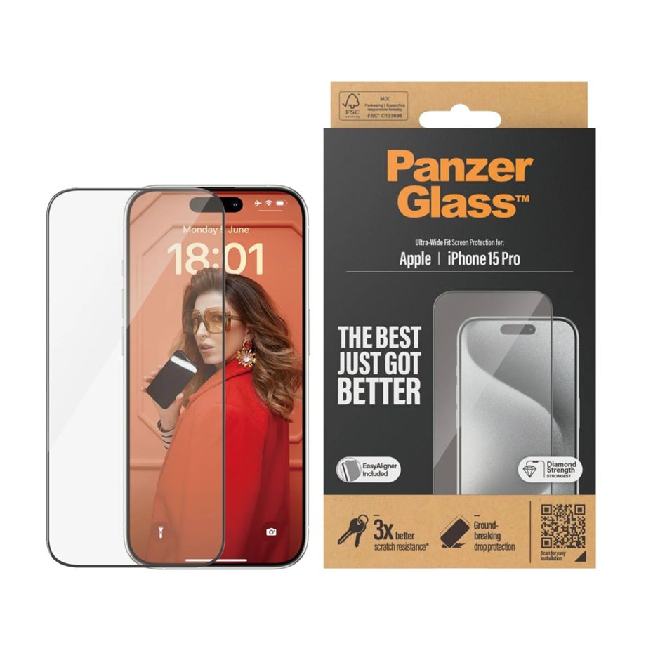 PanzerGlass Ultra-Wide Fit Tempered Glass for iPhone 15 Pro with Positioner