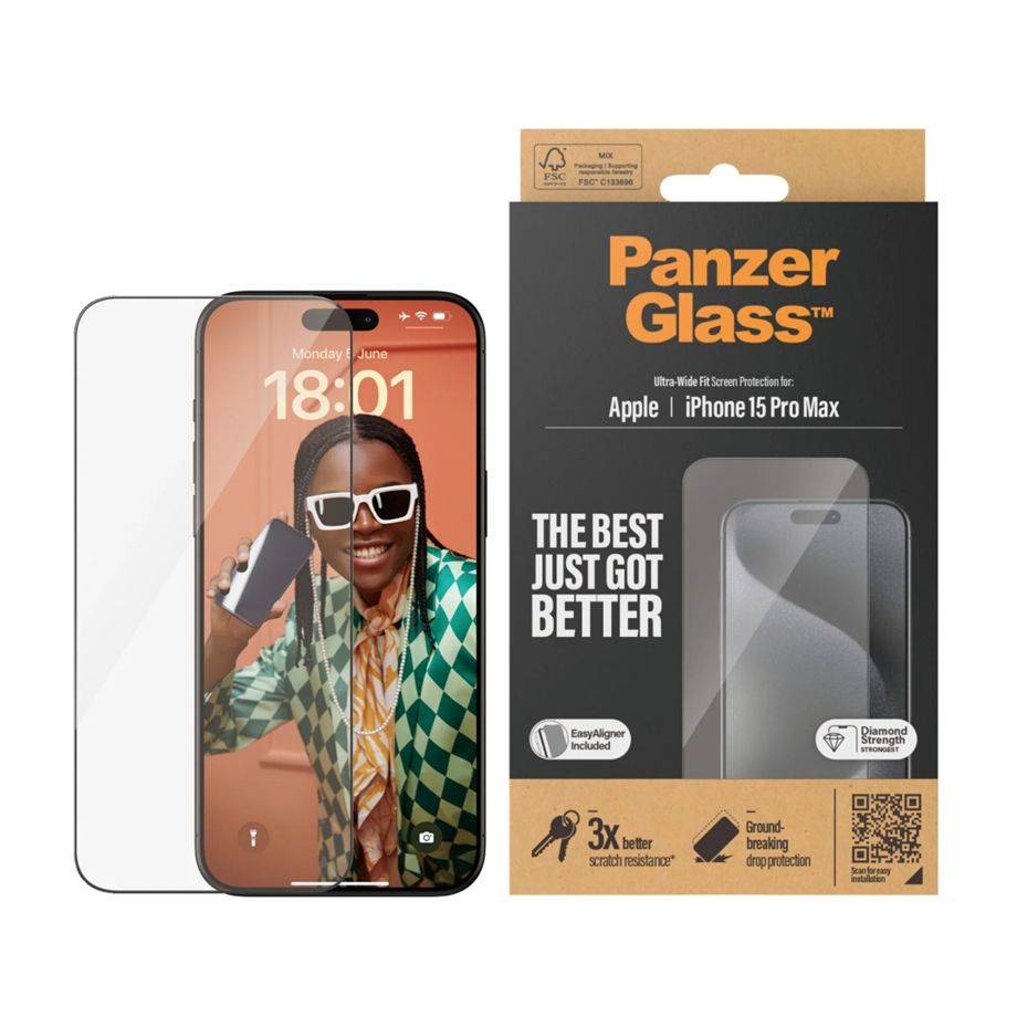 Apsauginis stiklas PanzerGlass Ultra-Wide Fit, skirtas iPhone 15 Pro Max, su rėmeliu