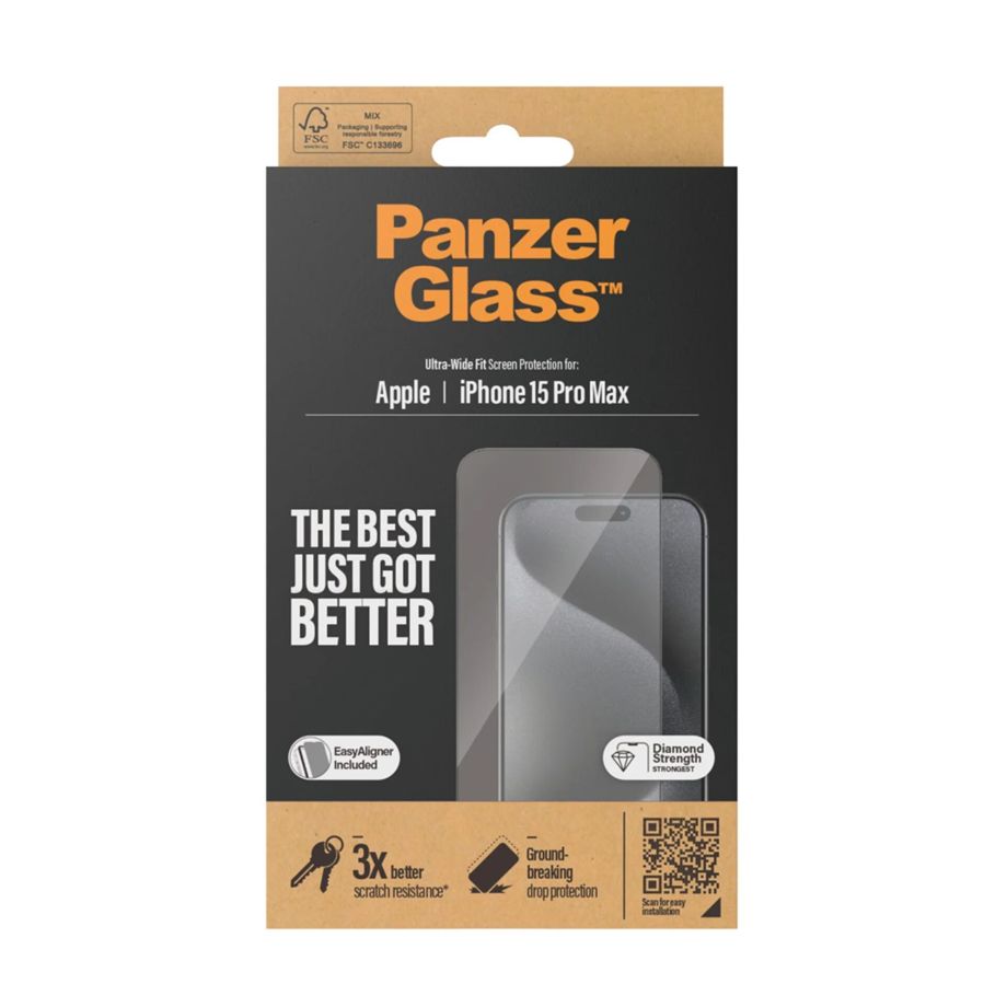 Apsauginis stiklas PanzerGlass Ultra-Wide Fit, skirtas iPhone 15 Pro Max, su rėmeliu