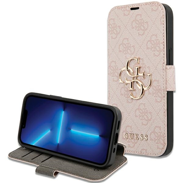 Guess 4G Big Metal Logo atverčiamas dėklas iPhone 15 / 14 / 13, rožinis