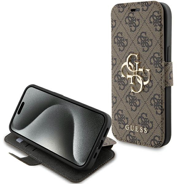Guess 4G Metal Logo atverčiamas dėklas iPhone 15 / 14 / 13, rudas
