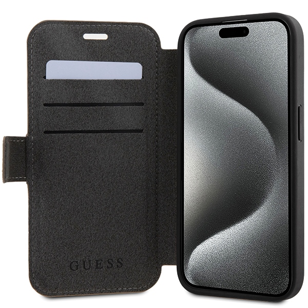 Guess 4G Metal Logo atverčiamas dėklas iPhone 15 / 14 / 13, rudas