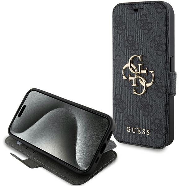 Guess atverčiamasis dėklas „iPhone 15 Pro“ telefonui (4G Big Metal Logo), pilkas