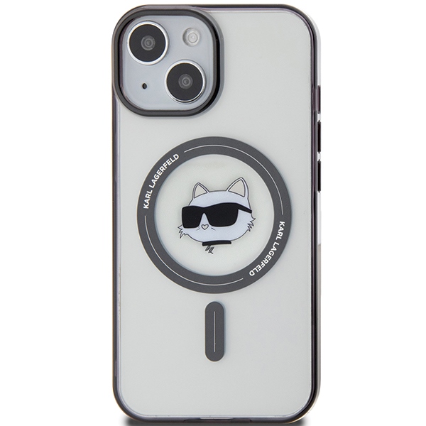 Karl Lagerfeld dėklas iPhone 15 telefonui, IML Choupette\'s Head MagSafe, skaidrus