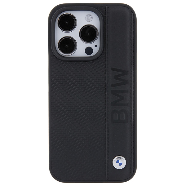 BMW dėklas iPhone 15 Pro telefonui Leather Textured & Stripe, juodas