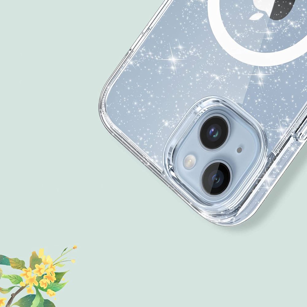 Dėklas Tech-Protect FlexAir Hybrid MagSafe, iPhone 13 / 14, skaidrus su blizgučiais