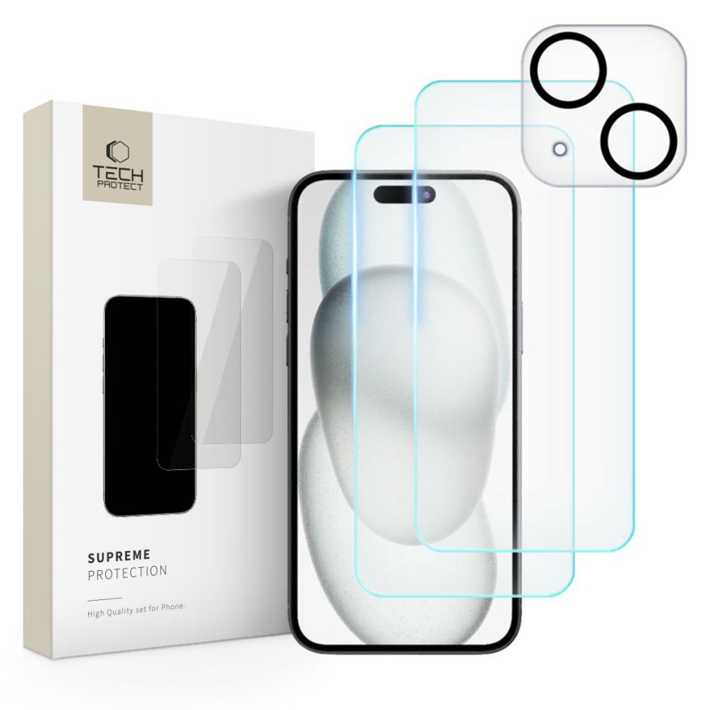 Tech-Protect Supreme apsauginių stiklų rinkinys iPhone 15, 2x ekranui / 1x kamerai