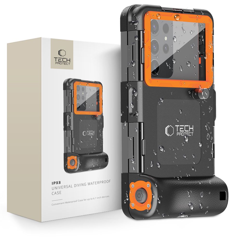 Tech-Protect IPX8 vandeniui atsparus dėklas telefonams 4.7-6.7", juodas / oranžinis