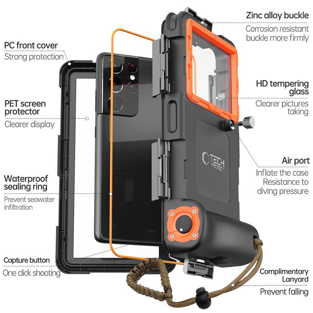 Tech-Protect IPX8 vandeniui atsparus dėklas telefonams 4.7-6.7\", juodas / oranžinis