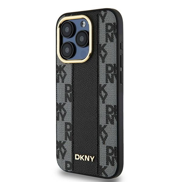 DKNY Leather Checkered Mono Pattern MagSafe dėklas iPhone 15 Pro, juodas