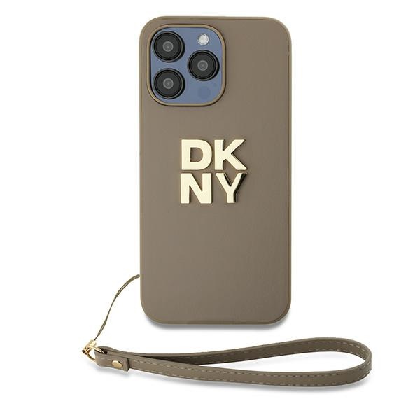 DKNY dėklas iPhone 15 Pro Max telefonui su dirželiu ant riešo, smėlio spalvos