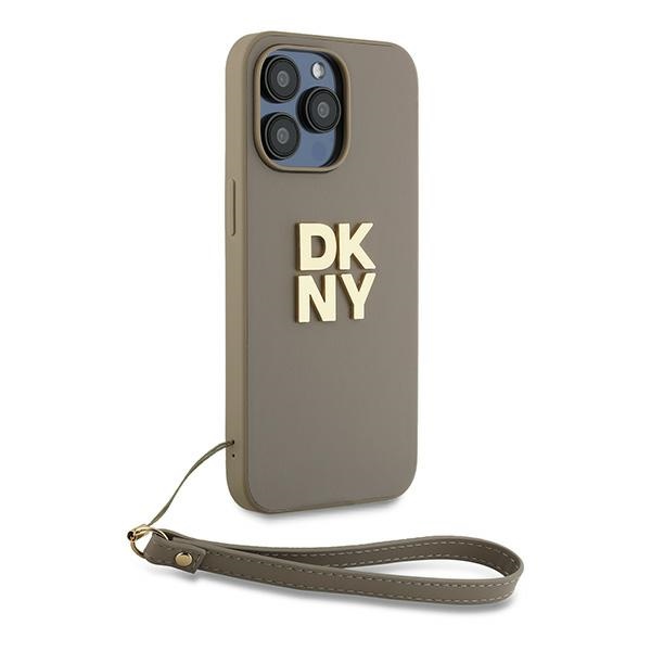 DKNY dėklas iPhone 15 Pro Max telefonui su dirželiu ant riešo, smėlio spalvos