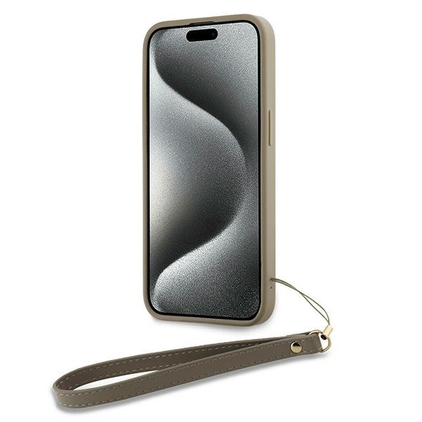 DKNY dėklas iPhone 15 Plus telefonui su riešo dirželiu, smėlio spalvos