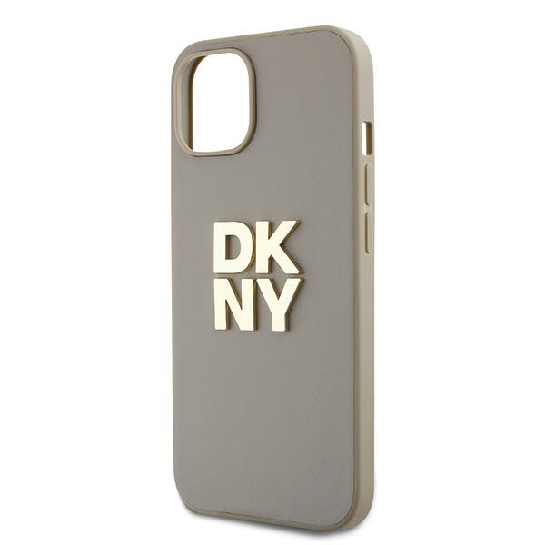 DKNY dėklas iPhone 15 Plus telefonui su riešo dirželiu, smėlio spalvos