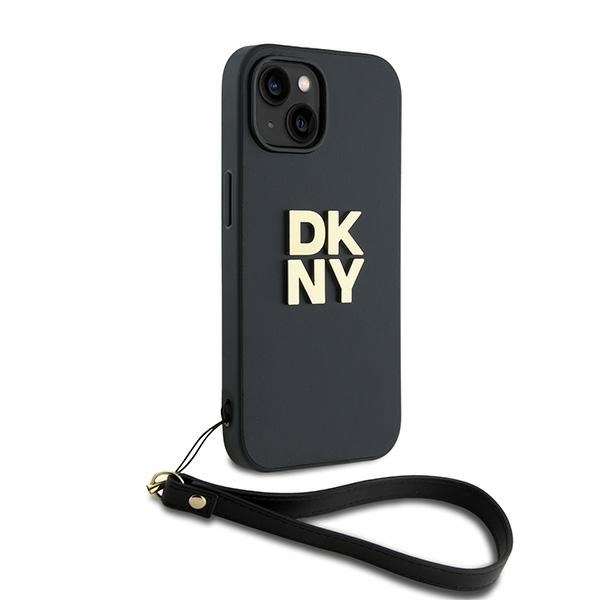 DKNY dėklas iPhone 13 / 14 / 15 su riešo dirželiu, juodas