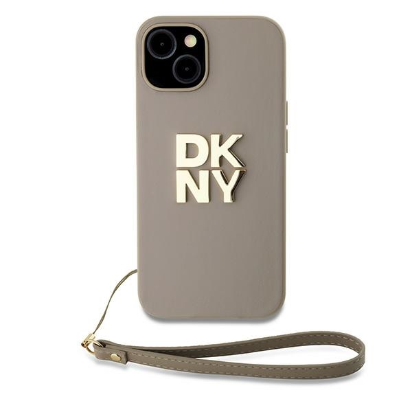 DKNY dėklas iPhone 15 / 14 / 13 su riešo dirželiu Wrist Strap Stock Logo, smėlio sp.