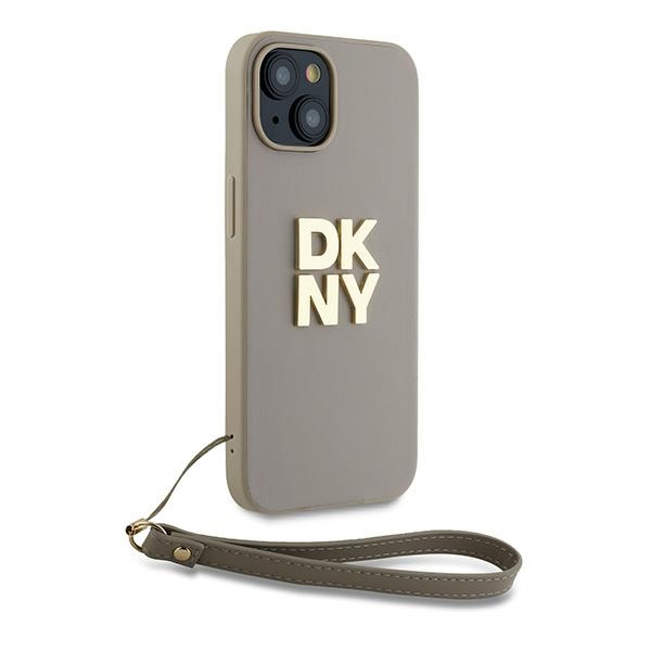 DKNY dėklas iPhone 15 / 14 / 13 su riešo dirželiu Wrist Strap Stock Logo, smėlio sp.