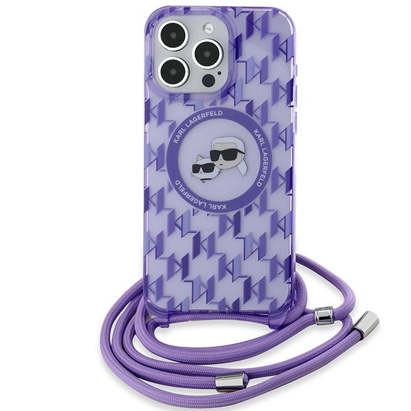Karl Lagerfeld dėklas iPhone 15 Pro Max su virvele IML Crossbody Monogram, violetinis