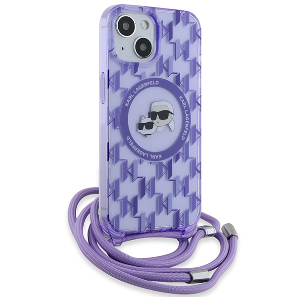 Karl Lagerfeld dėklas iPhone 15 / 14 / 13 su virvele Crossbody Monogram, violetinis