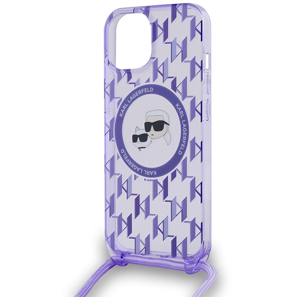 Karl Lagerfeld dėklas iPhone 15 / 14 / 13 su virvele Crossbody Monogram, violetinis