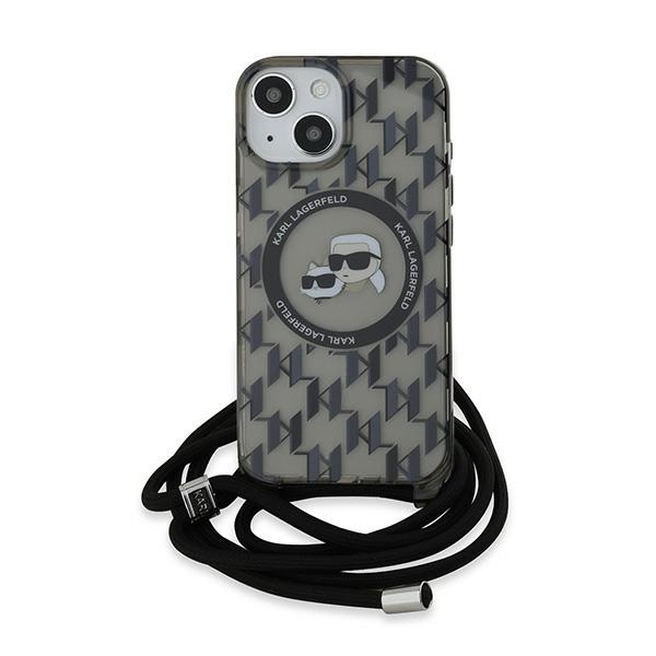 Karl Lagerfeld dėklas iPhone 15 / 14 / 13 su MagSafe ir dirželiu, juodas