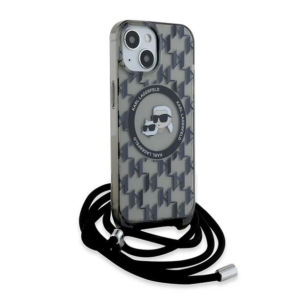 Karl Lagerfeld dėklas iPhone 15 / 14 / 13 su MagSafe ir dirželiu, juodas