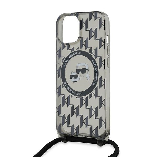 Karl Lagerfeld dėklas iPhone 15 / 14 / 13 su MagSafe ir dirželiu, juodas