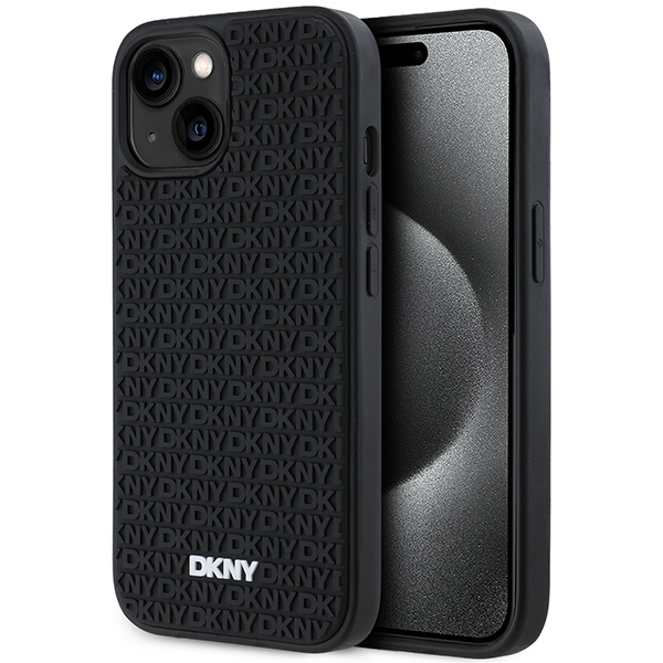 DKNY dėklas iPhone 15 Plus telefonui 3D Rubber Repeat Pattern, juodas