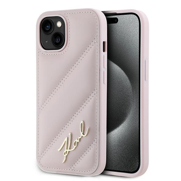 Karl Lagerfeld dėklas iPhone 14 / 15 / 13 Diagonal Quilted Script, rožinis
