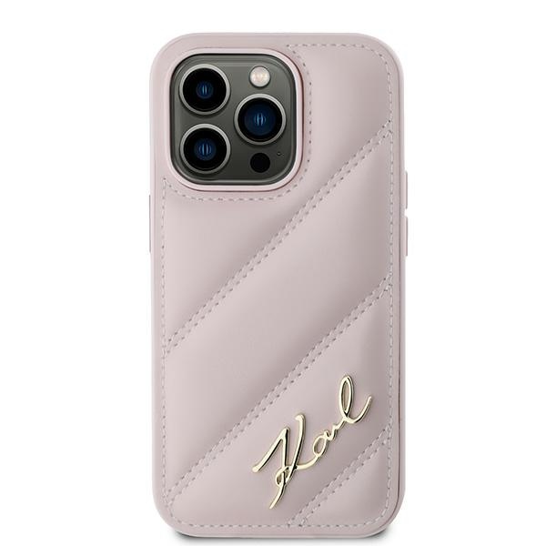 Karl Lagerfeld dėklas iPhone 14 Pro, Diagonal Quilted Script, rožinis