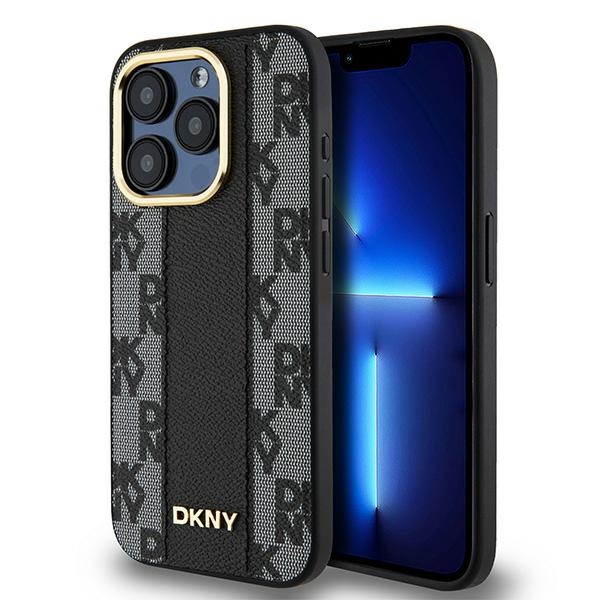 DKNY Leather Checkered Mono MagSafe dėklas iPhone 15 Pro Max telefonui, juodas