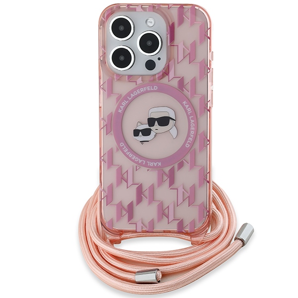 Karl Lagerfeld dėklas iPhone 15 Pro su MagSafe ir virvele, rožinis