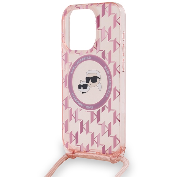 Karl Lagerfeld dėklas iPhone 15 Pro su MagSafe ir virvele, rožinis