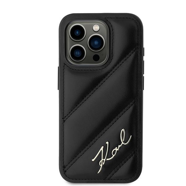 Karl Lagerfeld dėklas iPhone 15 Pro telefonui Diagonal Quilted Script, juodas
