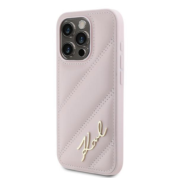Karl Lagerfeld dėklas iPhone 15 Pro telefonui Diagonal Quilted Script, rožinis