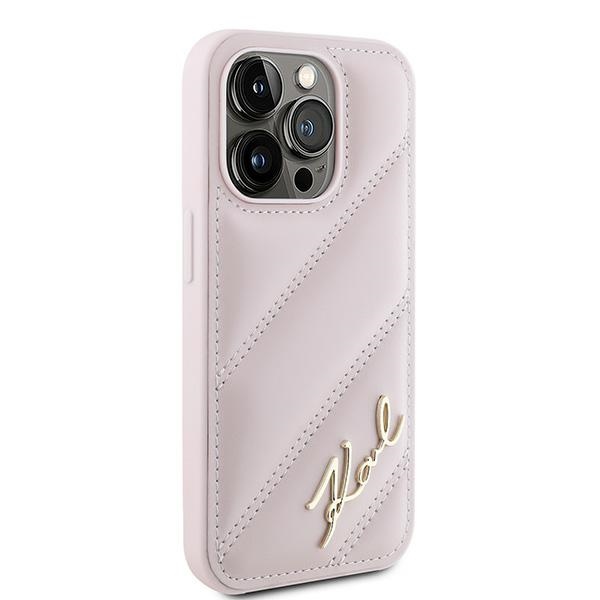 Karl Lagerfeld dėklas iPhone 15 Pro telefonui Diagonal Quilted Script, rožinis