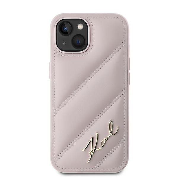 Karl Lagerfeld Diagonal Quilted Script dėklas iPhone 15 Plus / 14 Plus, rožinis