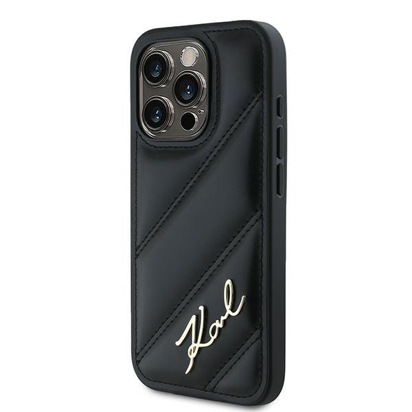 Karl Lagerfeld dėklas iPhone 15 Pro Max telefonui Diagonal Quilted Script, juodas